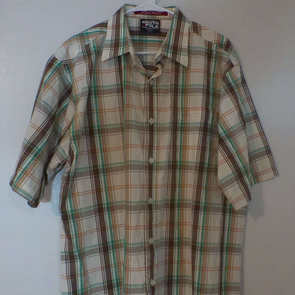 South Pole Y2K Plaid Short Sleeve Button Down Shirt Tan Green Brown Men’s Large